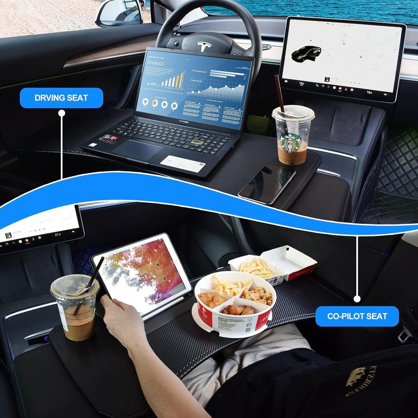 KASTWAVE Tesla Foldable Tray - Car Laptop Table for Model Y/3 Accessories, Car Desk for Working Food Eating During Road Trips Charging, Center Console Cup Holder Table Tray Organizer in Front