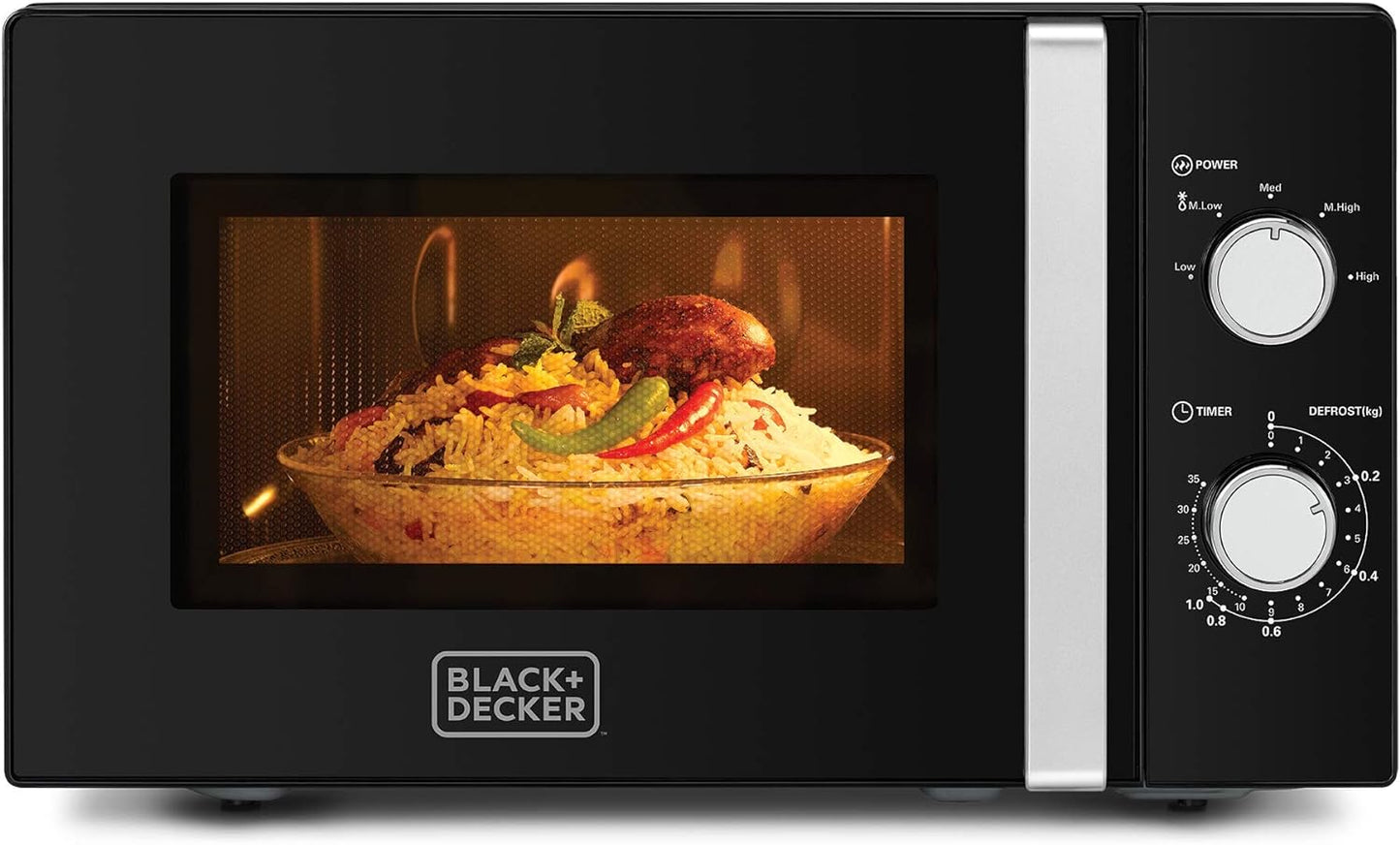 BLACK+DECKER 20L 700W Microwave Black With Chrome Finish Multiple Timer Options 5 Power Levels, 35 Min Timer, Cooking End Signal For Even Cooking/Heating, Defrost Function MZ2010P-B5