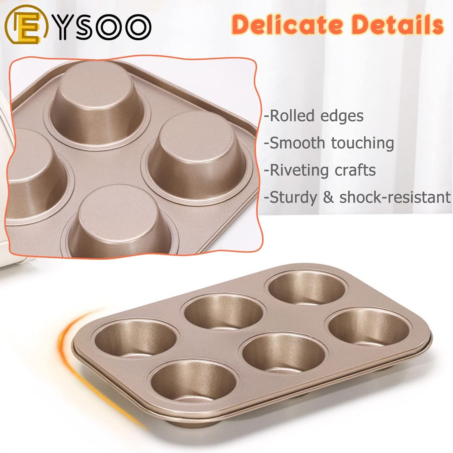 EYSOO Nonstick Bakeware Set 7 Pcs Baking Pans Set- Pizza Tray, Round/Square Pans, Loaf Pan, 6-Cup Muffin Pan Carbon Steel Baking Trays Oven Trays for Bakers Beginners with Rack & Cotton Gloves