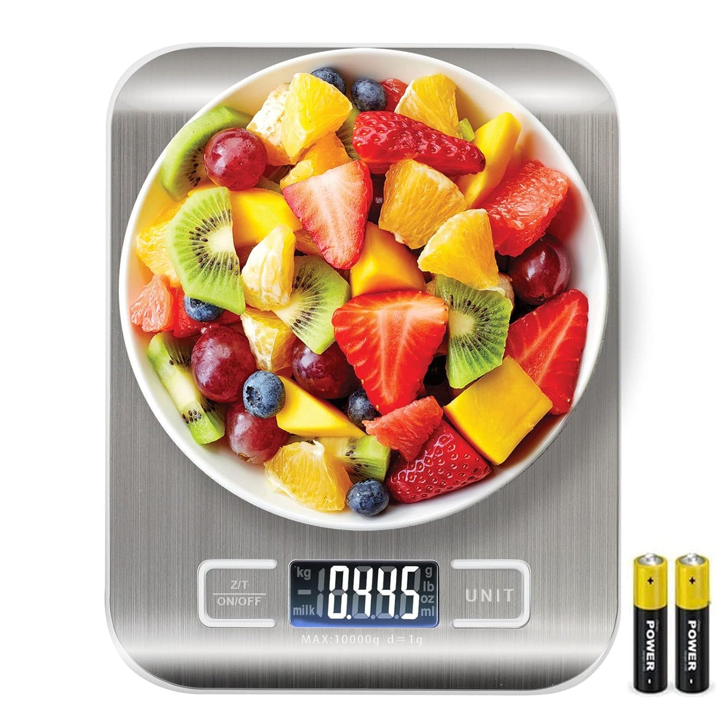 SKY-TOUCH Digital Kitchen Scale Multifunction Food Scale, Touch Button, Ultra Slim with Large LCD Display, 11lb/5kg, 22lb/5kg, Stainless Steel (Batteries Included) (10000g/1g)