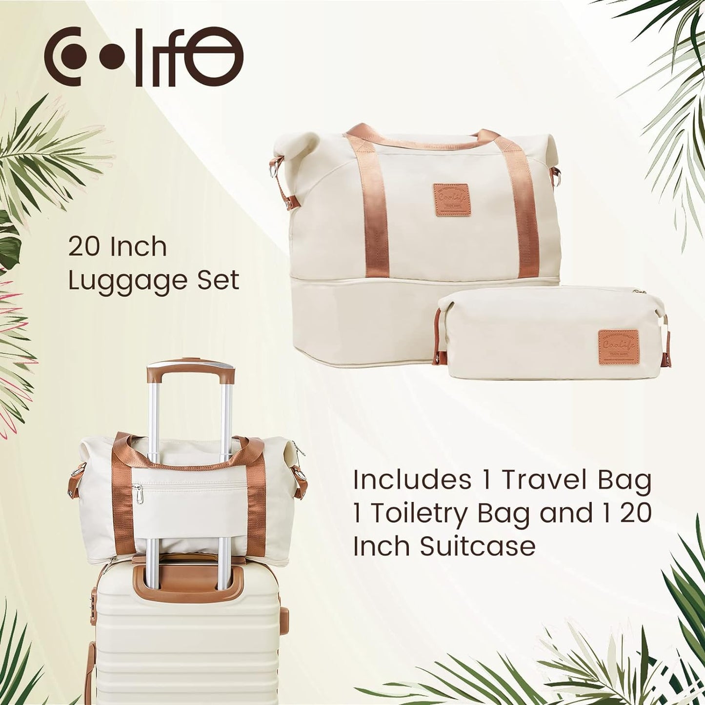 COOLIFE Suitcase Trolley Carry On Hand Cabin Luggage Hard Shell Travel Bag Lightweight with TSA Lock,The Suitcase Included 1pcs Travel Bag and 1pcs Toiletry Bag (White/Brown, 24 Inch Luggage Set)