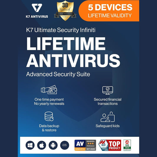 K7 Ultimate Security Infiniti Lifetime Validity Antivirus 2024 | 5 Devices | Threat Protection, Internet Security, Data Backup,Mobile Protection| Windows PC, Mac®,Android,iOS