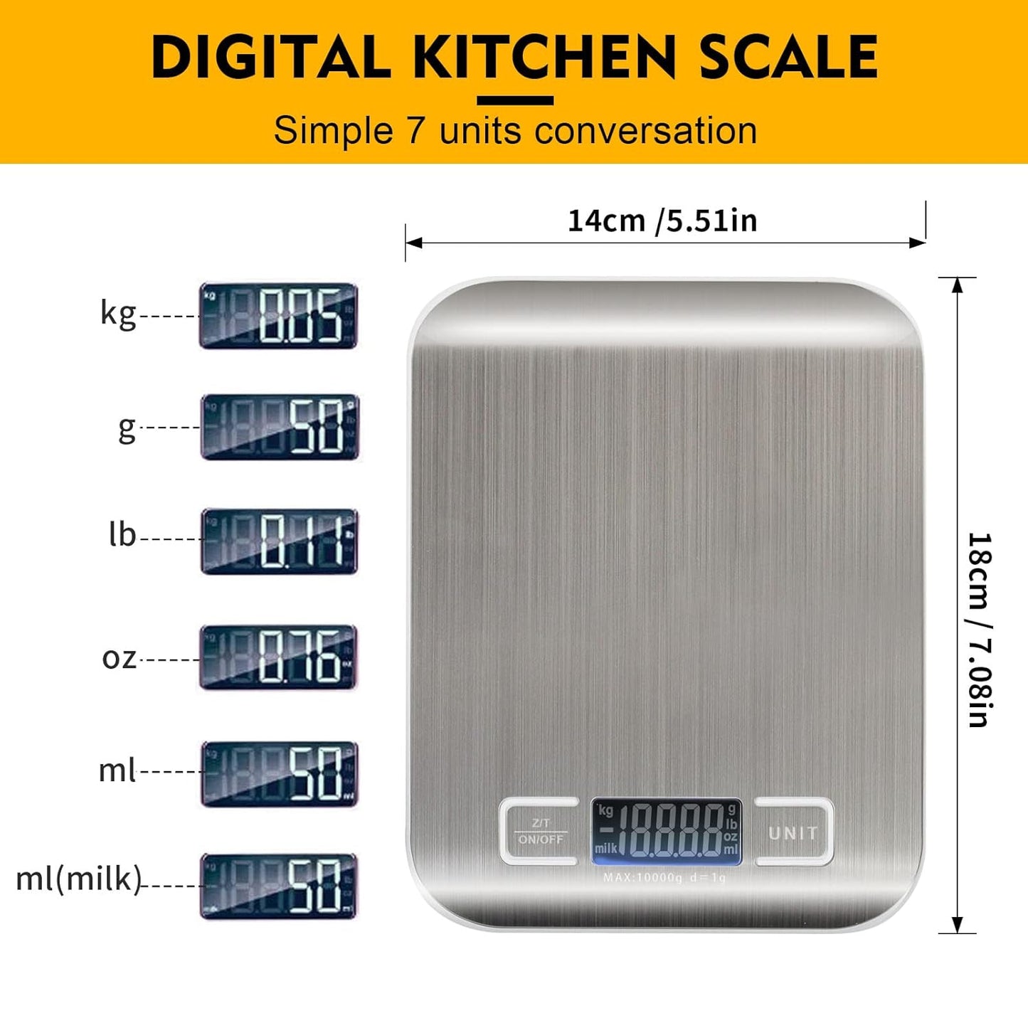 SKY-TOUCH Digital Kitchen Scale Multifunction Food Scale, Touch Button, Ultra Slim with Large LCD Display, 11lb/5kg, 22lb/5kg, Stainless Steel (Batteries Included) (10000g/1g)