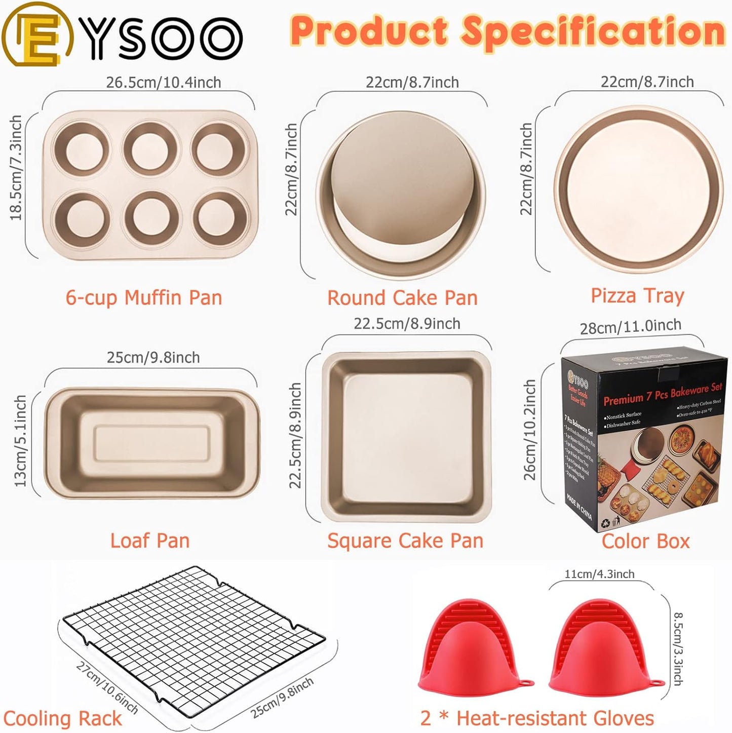 EYSOO Nonstick Bakeware Set 7 Pcs Baking Pans Set- Pizza Tray, Round/Square Pans, Loaf Pan, 6-Cup Muffin Pan Carbon Steel Baking Trays Oven Trays for Bakers Beginners with Rack & Cotton Gloves