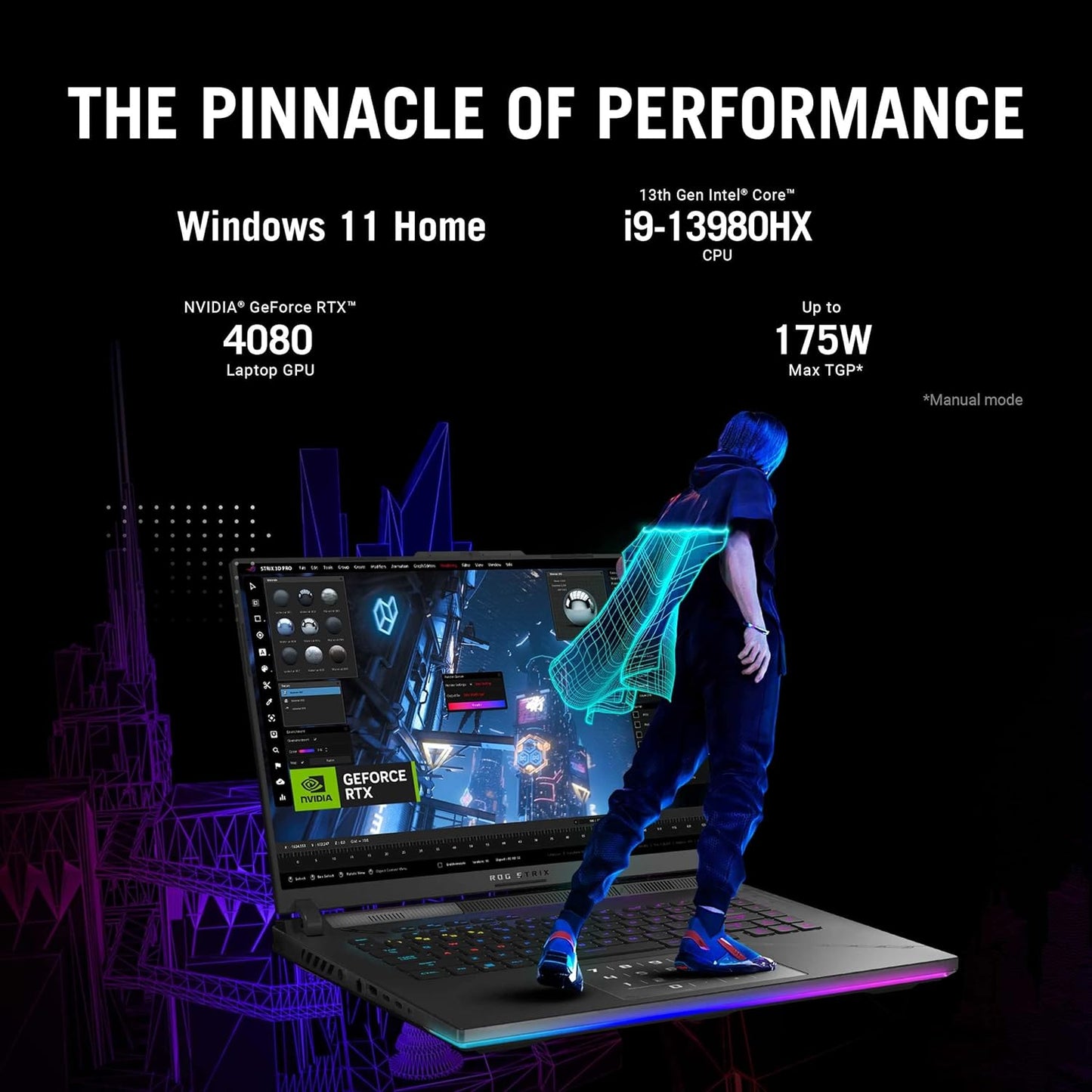 ROG Strix SCAR 16 G634JZ-NM063W Off Black, Gaming Laptop, i9-13980HX, 32GB, 2TB SSD, NV RTX4080, WIN11 HOME, 16 inch QHD+ 16:10 (2560 x 1600, WQXGA) 240Hz, HD Webcam, RGB-Eng-Arb-KB + ROG Backpack.