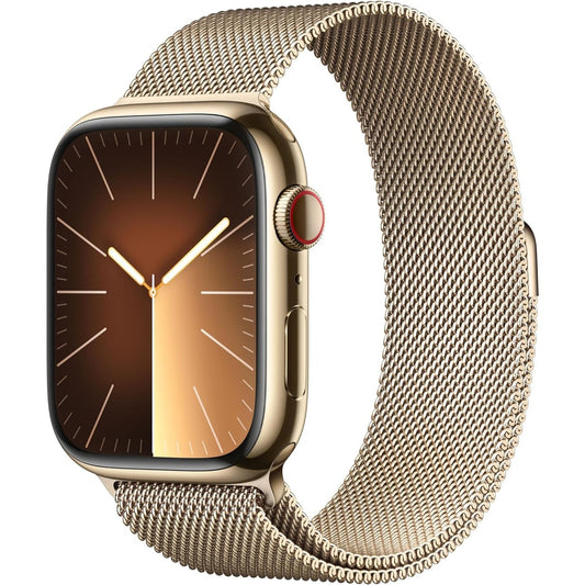 New Apple Watch Series 9 [GPS + Cellular 41mm] Smartwatch with Gold Stainless steel Case with Gold Milanese Loop One Size. Fitness Tracker, Blood Oxygen & ECG Apps, Water Resistant