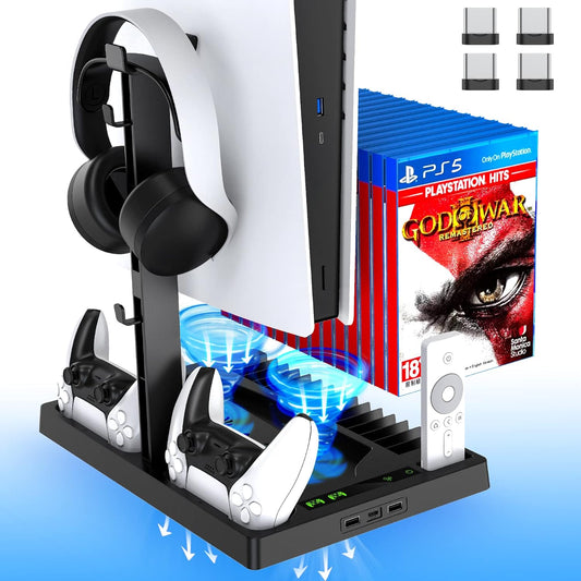 BSOON Vertical Stand with Cooling Fan,PS5 Accessories for PS5 Games & Playstation 5 Console, Built-in Headset Holder, Dual Controller Chargers, 15 Game Disc Slots and 1 Media Remote Organizer