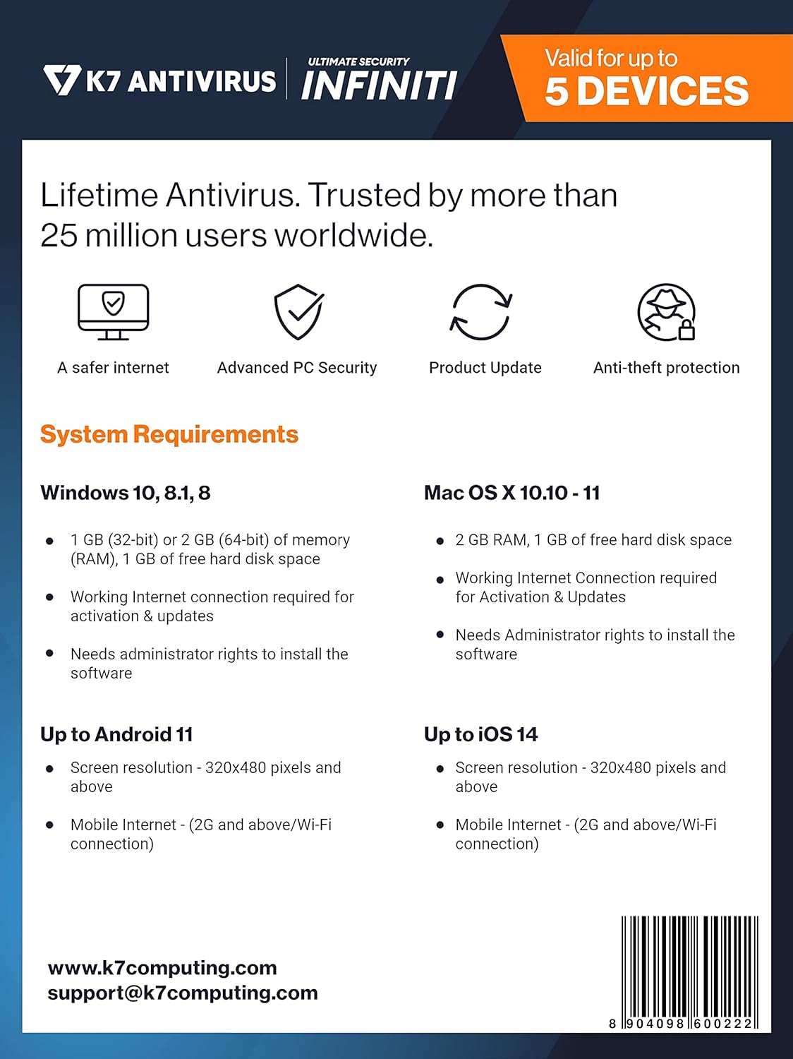 K7 Ultimate Security Infiniti Lifetime Validity Antivirus 2024 | 5 Devices | Threat Protection, Internet Security, Data Backup,Mobile Protection| Windows PC, Mac®,Android,iOS