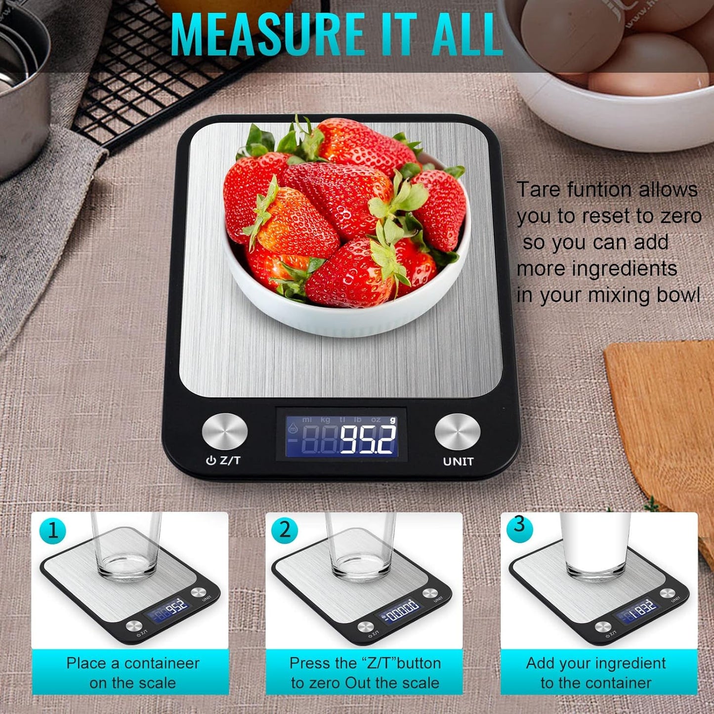 SKY-TOUCH Digital Kitchen Scale Multifunction Food Scale, Touch Button, Ultra Slim with Large LCD Display, 11lb/5kg, 22lb/5kg, Stainless Steel (Batteries Included) (10000g/1g)