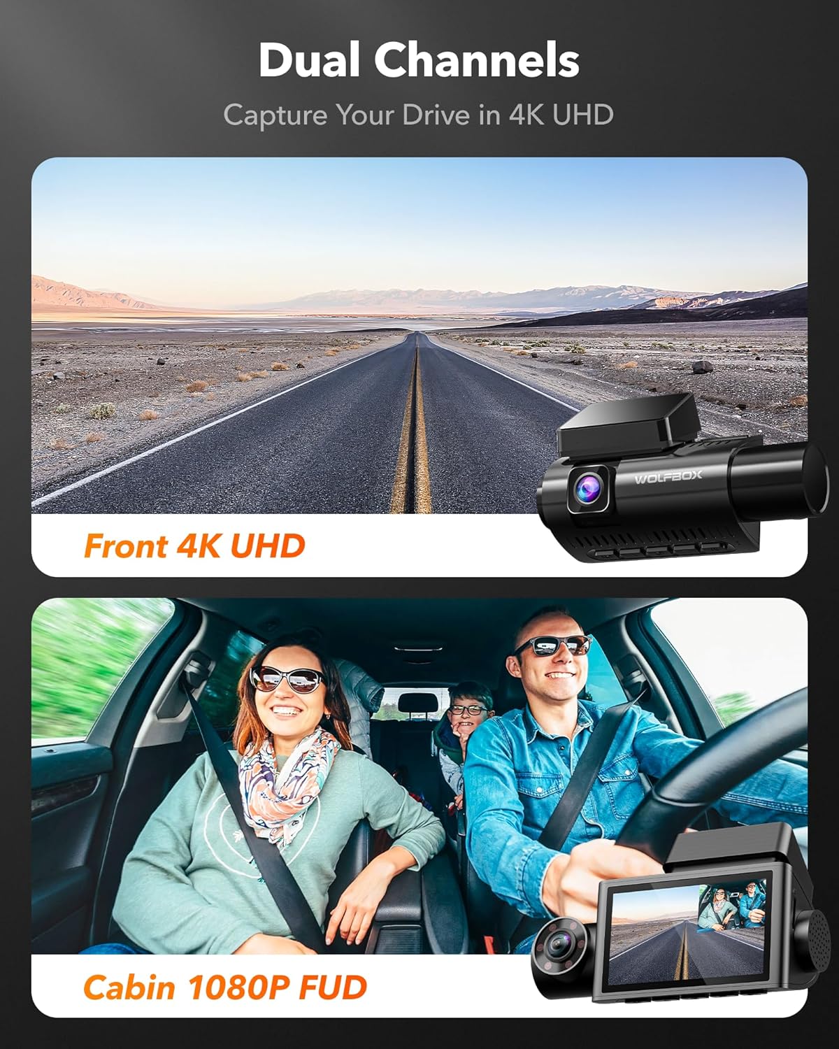 WOLFBOX i07 Dash Cam 3 Channel with WiFi GPS, 4K Dash Camera Front and Inside, 3 Way Dash Camera for Cars, 3" LCD Dash Cam Front and Rear, Super IR Night Vision, 24H Time Lapse, Support 512GB Max