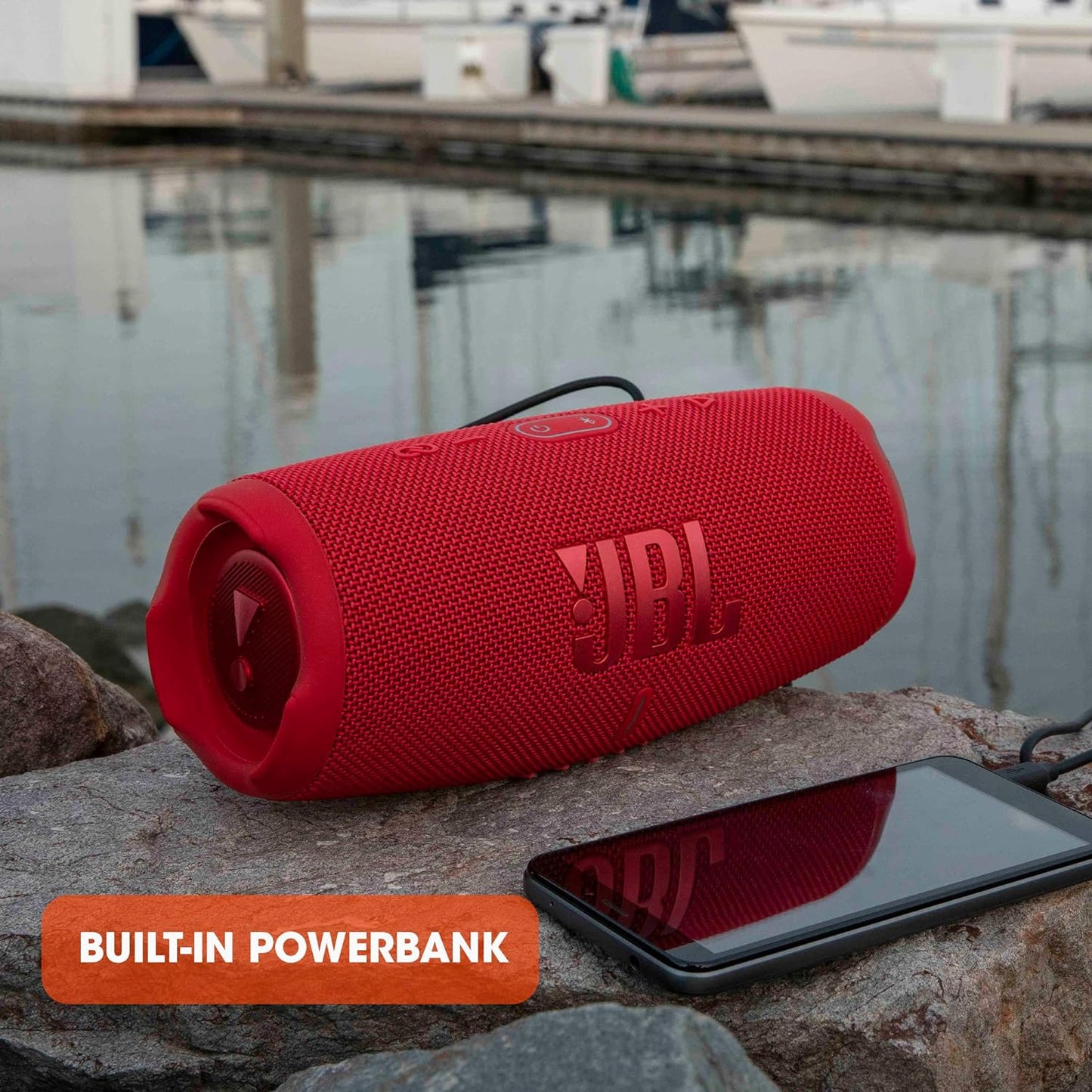 JBL Charge 5 Portable Speaker, Built-In Powerbank, Powerful JBL Pro Sound, Dual Bass Radiators, 20H of Battery, IP67 Waterproof and Dustproof, Wireless Streaming, Dual Connect - Black, JBLCHARGE5BLK