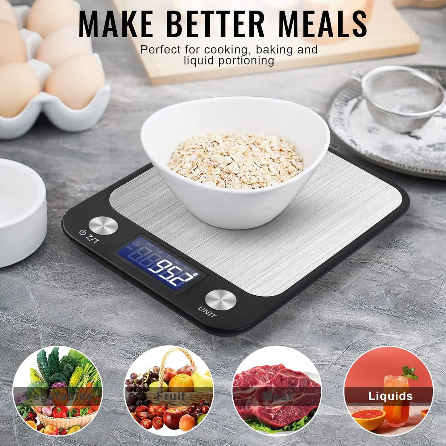 SKY-TOUCH Digital Kitchen Scale Multifunction Food Scale, Touch Button, Ultra Slim with Large LCD Display, 11lb/5kg, 22lb/5kg, Stainless Steel (Batteries Included) (10000g/1g)