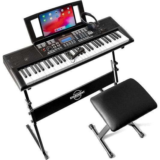 starument Portable Electiric keyboard piano with 61 premium piano style keys and built in dual speakers with keybooard stand, note stand, hadphones, microphone, banch