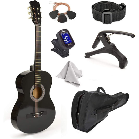 39" Wood Guitar With Case and Accessories for Kids/Boys/Girls/Teens/Beginners (Black)