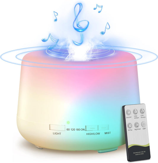 Tiokkss Humidifier Oil Fragrance Diffuser Bluetooth Speaker 5.0, 500ML Aromatherapy Diffusers for Aroma Essential Oils Large Room Bedroom Office Home 14 Colors Night Light with Remote, 4 Timers