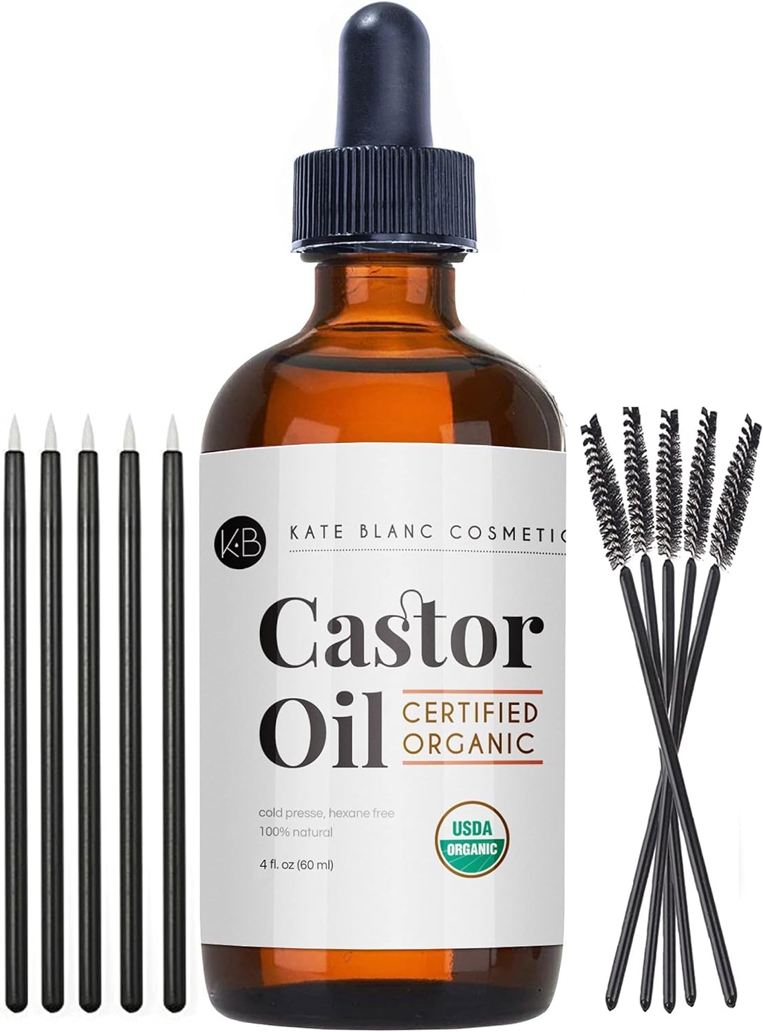 Castor Oil (2oz) USDA Certified Organic, 100% Pure, Cold Pressed, Hexane Free by Kate Blanc. Stimulate Growth for Eyelashes, Eyebrows, Hair. Lash Growth Serum. Brow Treatment. FREE Mascara Starter Kit