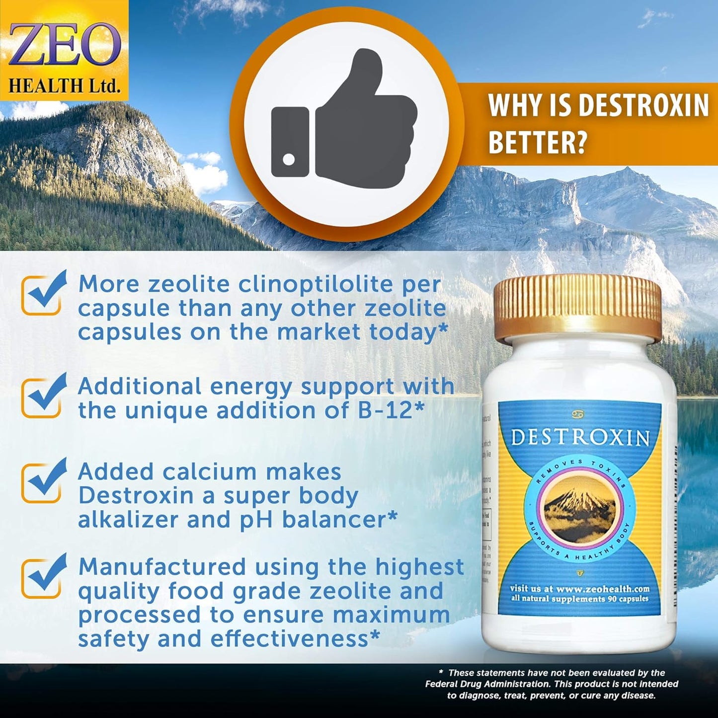 DESTROXIN | Zeolite Capsules with B-12 and Calcium (90 Count) | Naturally Supports Cellular Detox, Optimal Energy, & Upset Stomach Relief | Body Alkalinity & pH Increaser