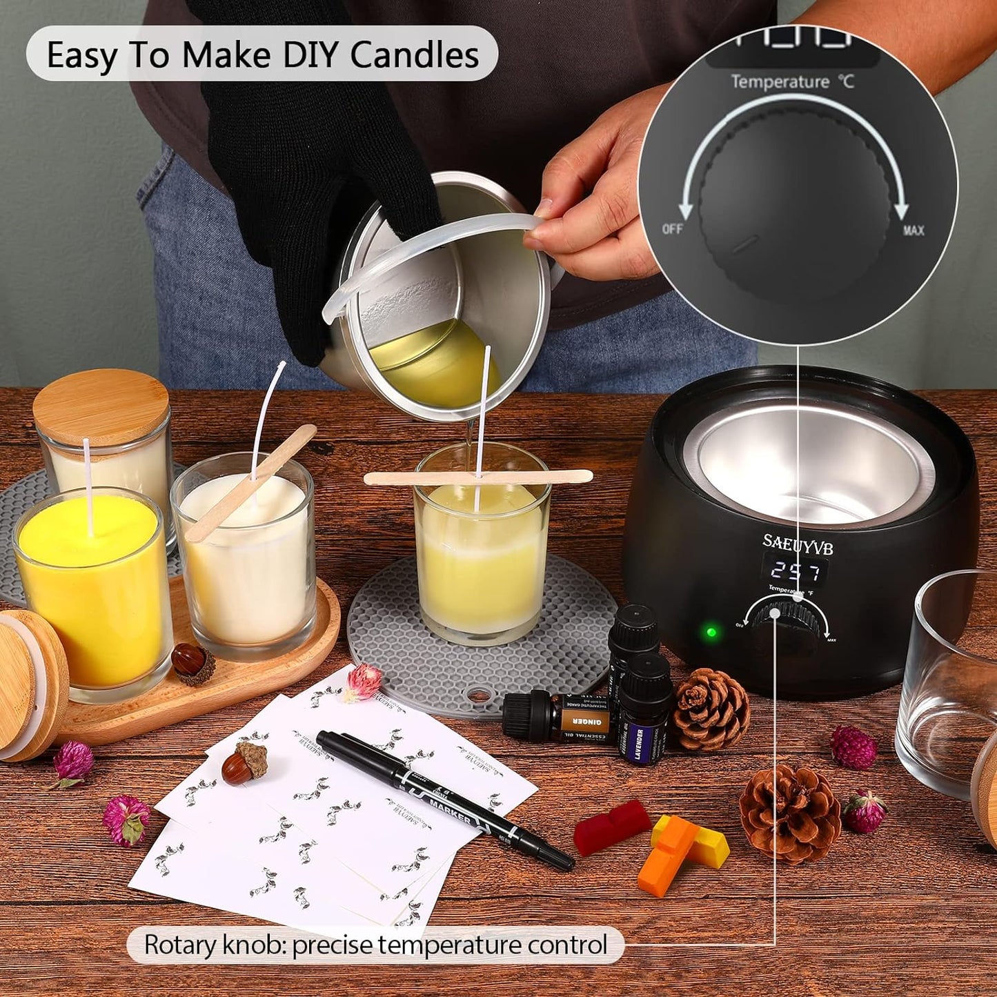 SAEUYVB Wax Melter for Candle Making,Candle Melting Pot,Candle Wax Melter,Multifunctional Wax Melting Tool with LED Temperature Display